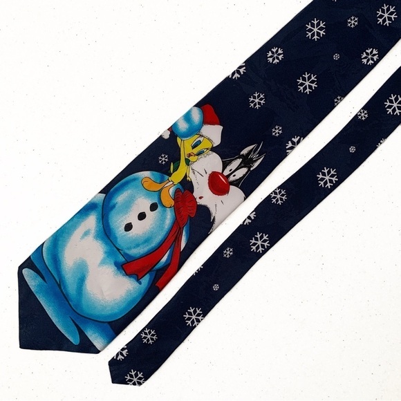 Looney Tunes Mania Tweety and Sylvester Snowman Holiday Warner Bros 1996 Necktie - Picture 2 of 4